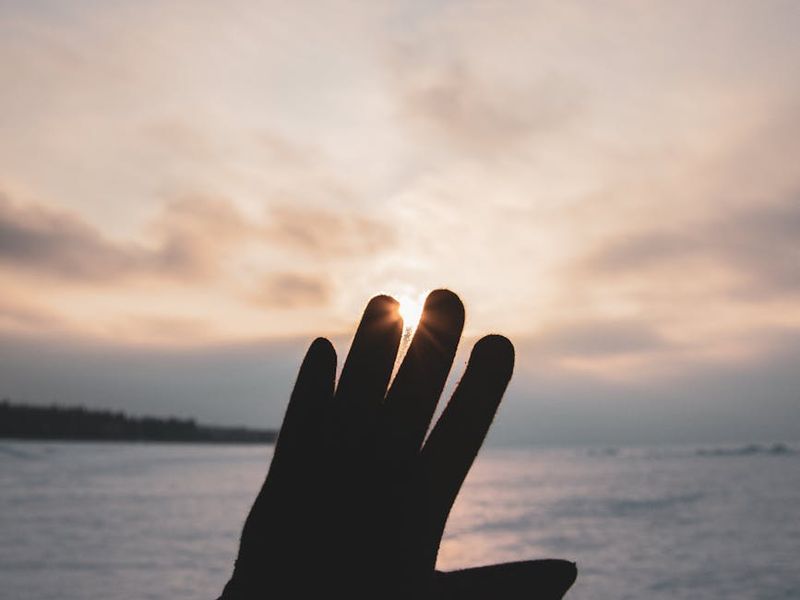 Detailed close-up of a hand reaching for the sky during yoga.